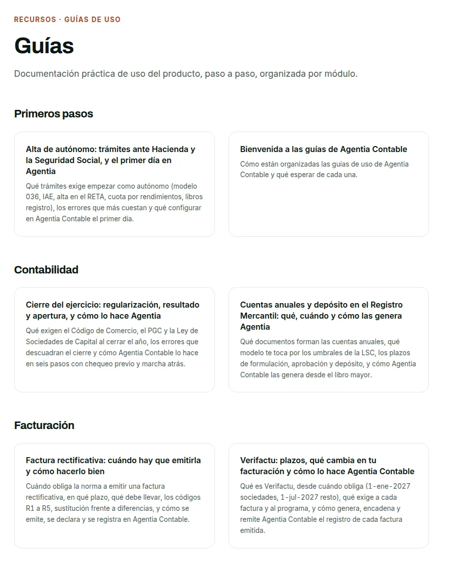 Índice de /guias con las guías agrupadas por módulo, cada una en una tarjeta con su título y su resumen.