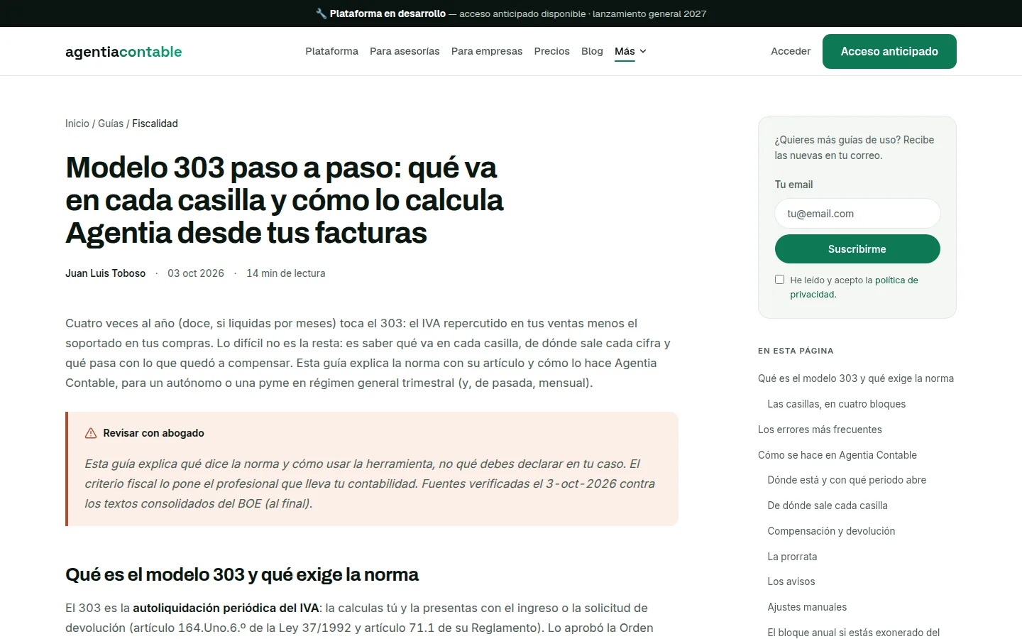 La guía del modelo 303 abierta en la web: título, autor, fecha y minutos de lectura, el aviso «Revisar con abogado» y, a la derecha, el índice «En esta página» con sus apartados.