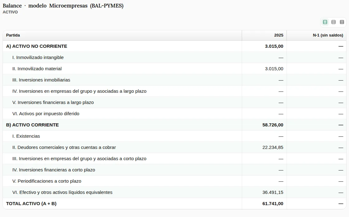 Activo del balance del modelo Microempresas de 2025 de una empresa de ejemplo: inmovilizado material 3.015,00, deudores comerciales 22.234,85 y efectivo 36.491,15, con un total activo de 61.741,00 euros y la columna N-1 sin saldos.