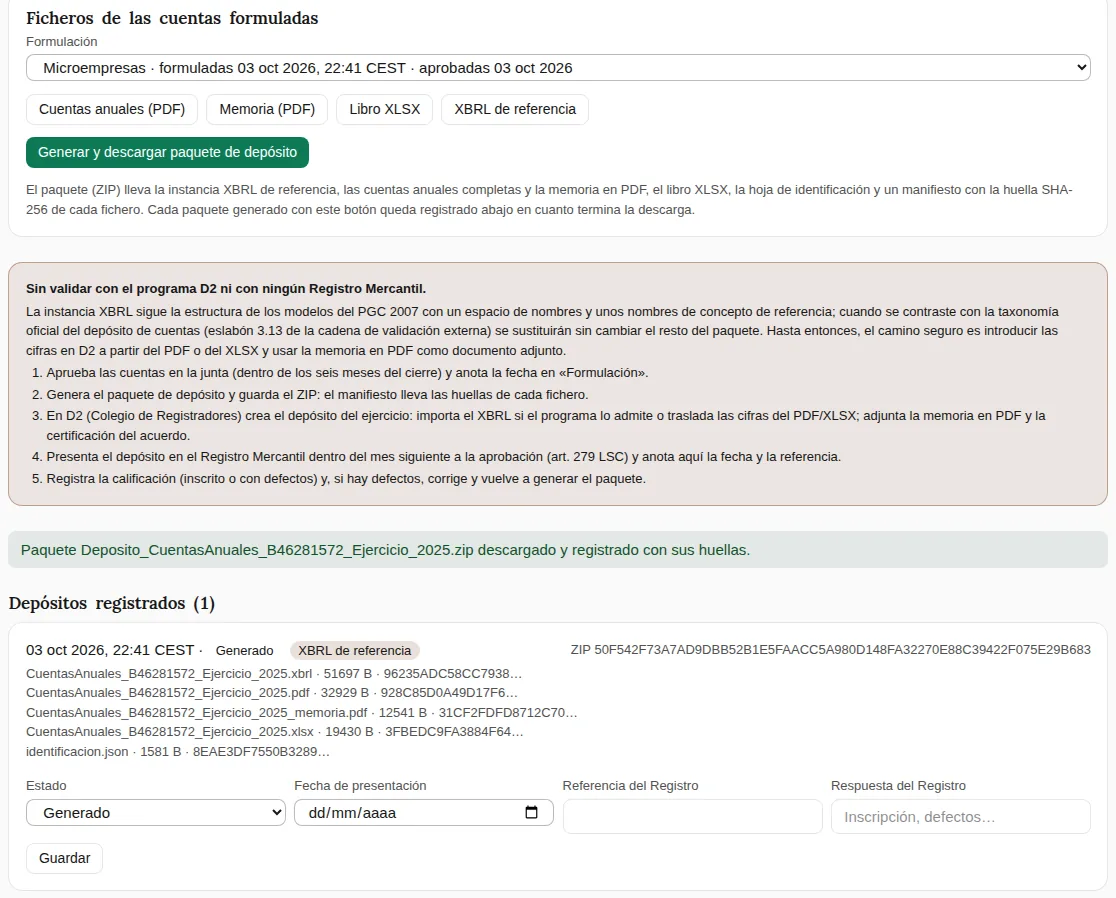Pestaña del depósito de una empresa de ejemplo: los ficheros de las cuentas formuladas (PDF, memoria, libro XLSX y XBRL de referencia), el aviso de que no está validado con el programa D2 ni con ningún Registro Mercantil y un depósito registrado con la huella de cada fichero y su estado «Generado».