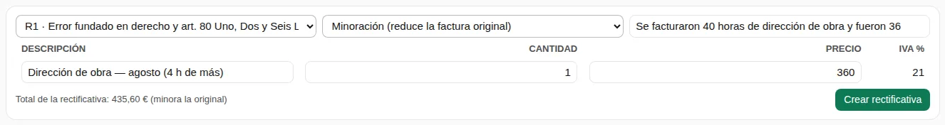 Panel «Rectificar…» de una factura de ejemplo: tipo R1, efecto «Minoración (reduce la factura original)», el motivo, una línea de 360,00 al 21 % y el total «435,60 € (minora la original)» junto al botón «Crear rectificativa».