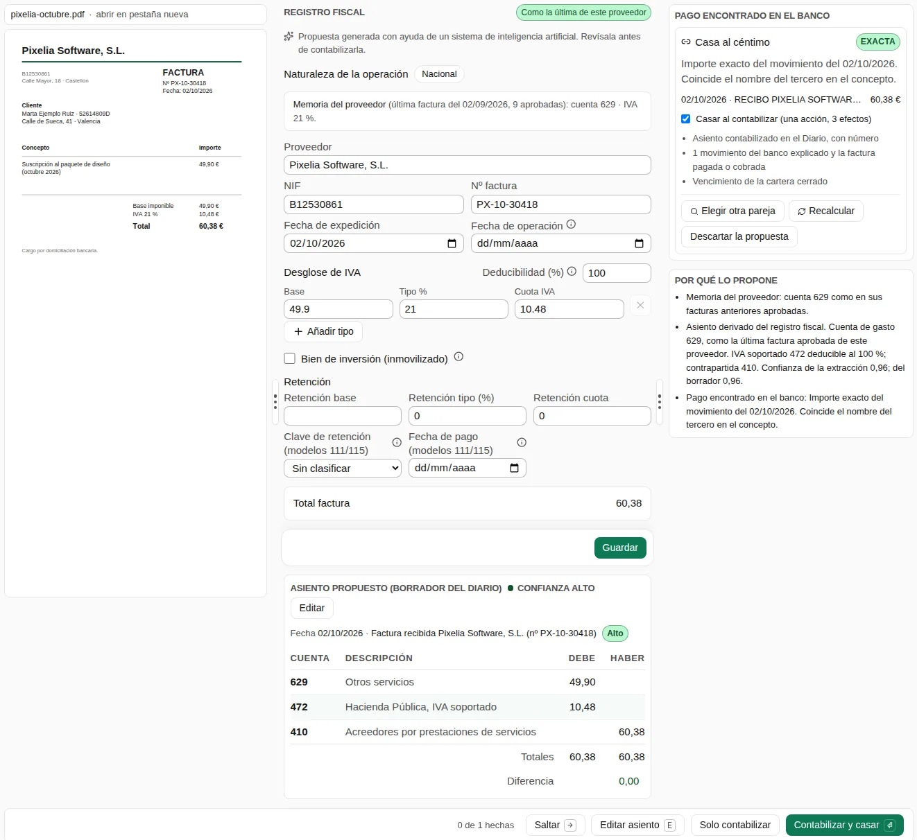 Pantalla Subir facturas con una factura de ejemplo de un proveedor de software: el PDF a la izquierda, en el centro el registro fiscal propuesto con la memoria del proveedor y el asiento en borrador (629, 472 y 410) y, a la derecha, el pago encontrado en el banco, que casa al céntimo.