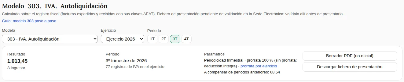 Cabecera del modelo 303 del tercer trimestre de 2026 de una empresa de ejemplo: resultado 1.013,45 a ingresar, periodicidad trimestral, prorrata del 100 %, 68,54 a compensar de periodos anteriores y los botones «Borrador PDF (no oficial)» y «Descargar fichero de presentación».